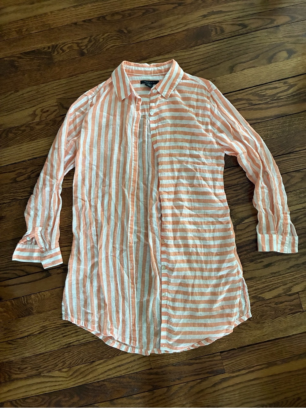 Tahari Orange and White Striped Long-Sleeve Linen Button-Down Swim Coverup Shirt
